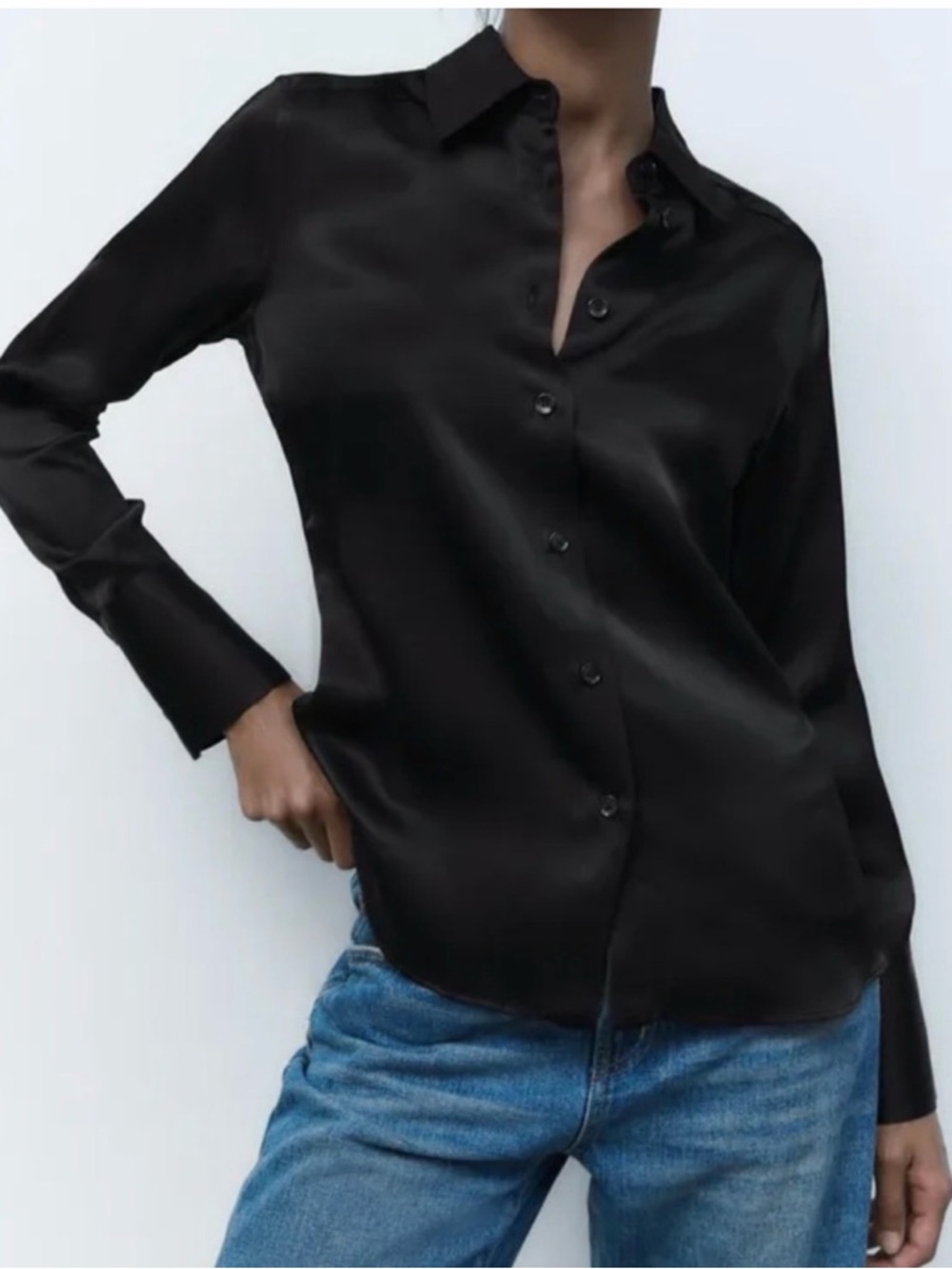 Zara Satin Black Button-Front Shirt